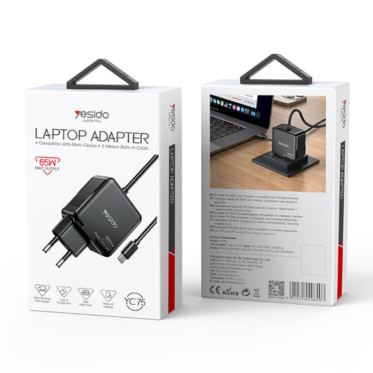 Yesido YC75 PD65W 2m USB-C / Type-C Cable Laptop Charger, EU Plug(Black) - free shipping - PMC Jewellery - Order now!