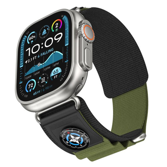 For Apple Watch 46mm / 49mm / 45mm / 44mm Kalebol Compass Nylon Loop Watch Strap(Black Army Green)