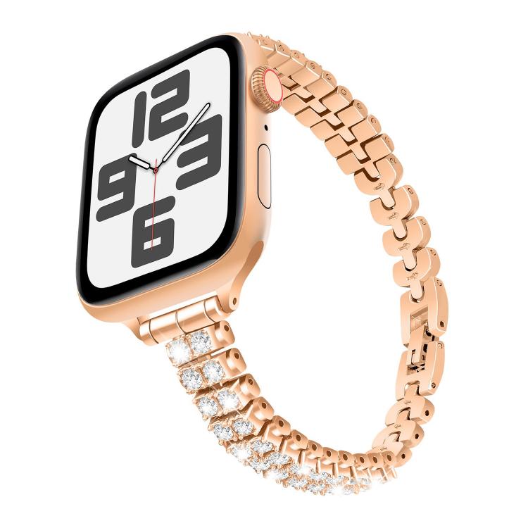 For Apple Watch 42mm / 41mm / 40mm / 38mm Slim Train Section Diamond Metal Watch Band(Rose Gold)