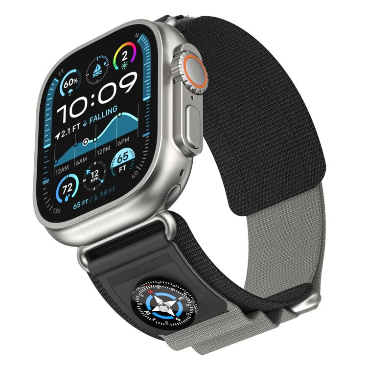 For Apple Watch 46mm / 49mm / 45mm / 44mm Compass Nylon Loop Watch Band(Black Grey)