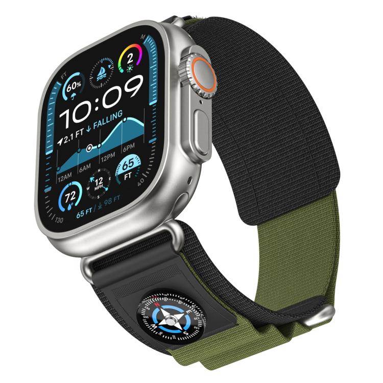 For Apple Watch 46mm / 49mm / 45mm / 44mm Compass Nylon Loop Watch Band(Black Army Green)