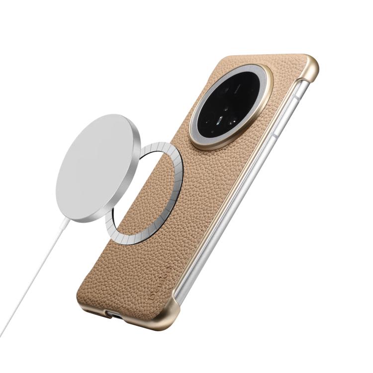 For Huawei Mate 60 Pro Denior A20 Genuine Leather Litchi Texture MagSafe Frameless Phone Case(Khaki)