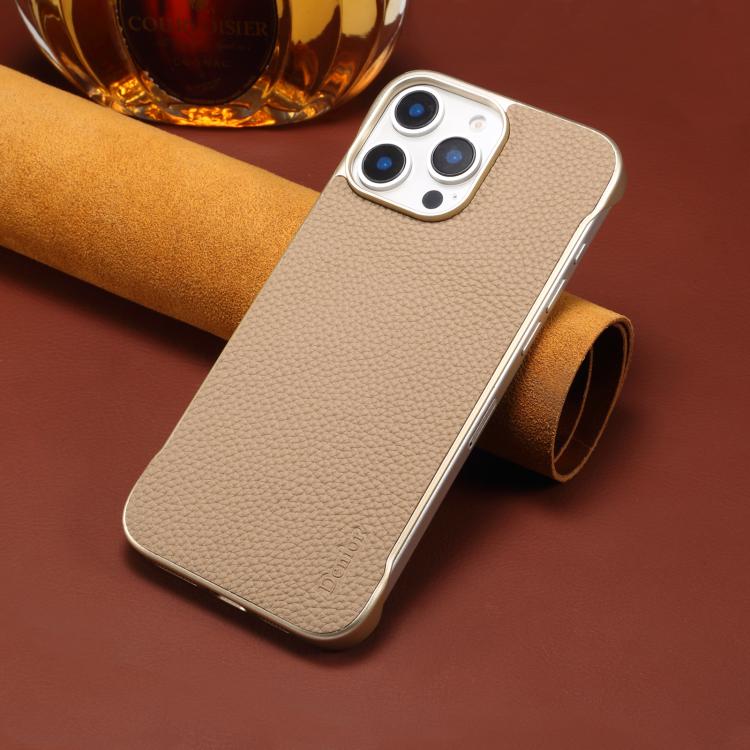 For iPhone 14 / 13 Denior A20 Genuine Leather Litchi Texture MagSafe Frameless Phone Case(Khaki)