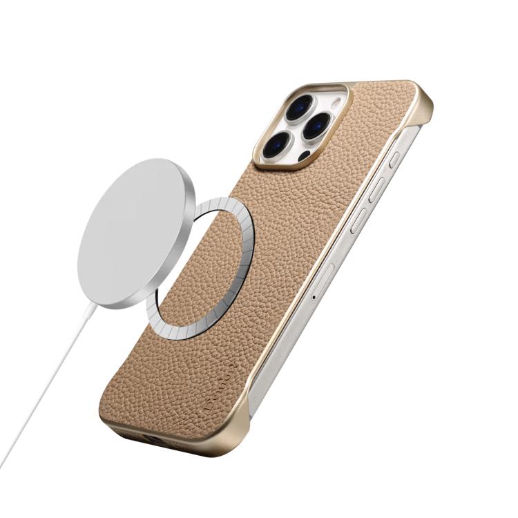 For iPhone 14 / 13 Denior A20 Genuine Leather Litchi Texture MagSafe Frameless Phone Case(Khaki) - free shipping - PMc TechLife - Order now!