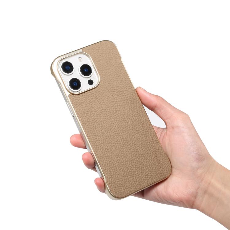 For iPhone 14 / 13 Denior A20 Genuine Leather Litchi Texture MagSafe Frameless Phone Case(Khaki)