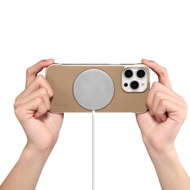 For iPhone 14 / 13 Denior A20 Genuine Leather Litchi Texture MagSafe Frameless Phone Case(Khaki)
