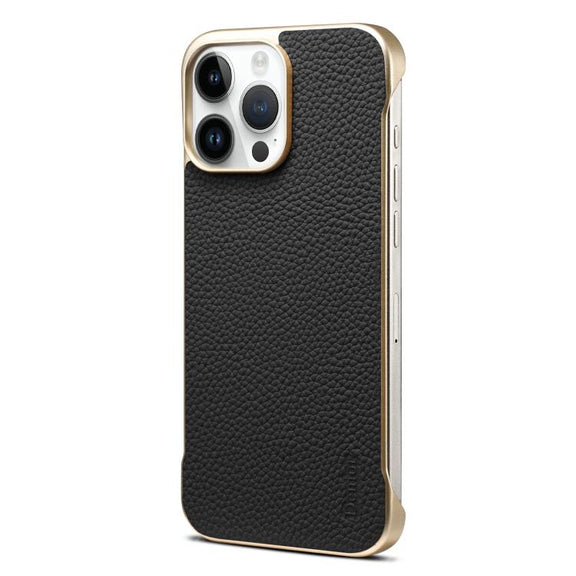For iPhone 14 Pro Max Denior A20 Genuine Leather Litchi Texture MagSafe Frameless Phone Case(Black)