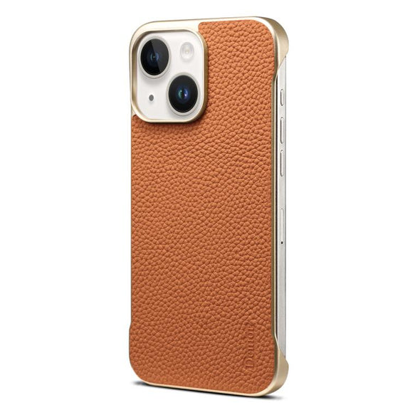 For iPhone 15 Plus / 14 Plus Denior A20 Genuine Leather Litchi Texture MagSafe Frameless Phone Case(Brown)