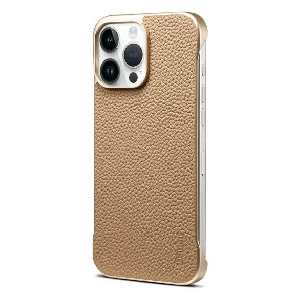 For iPhone 15 Pro Denior A20 Genuine Leather Litchi Texture MagSafe Frameless Phone Case(Khaki)