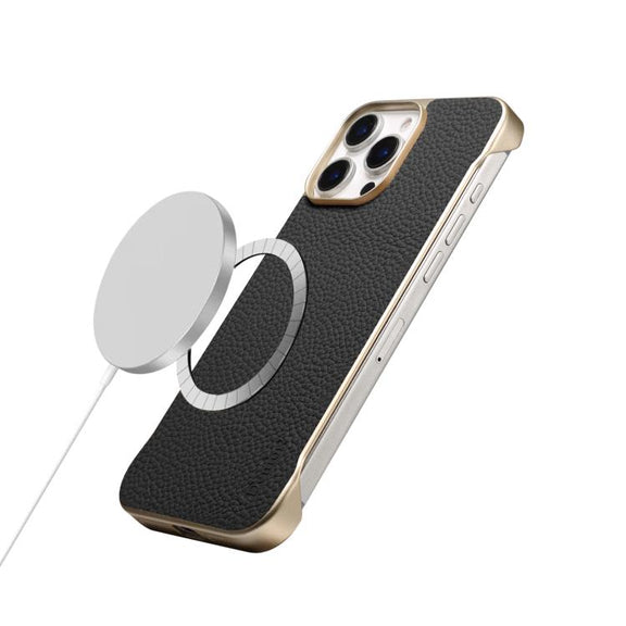 For iPhone 15 Pro Max Denior A20 Genuine Leather Litchi Texture MagSafe Frameless Phone Case(Black)