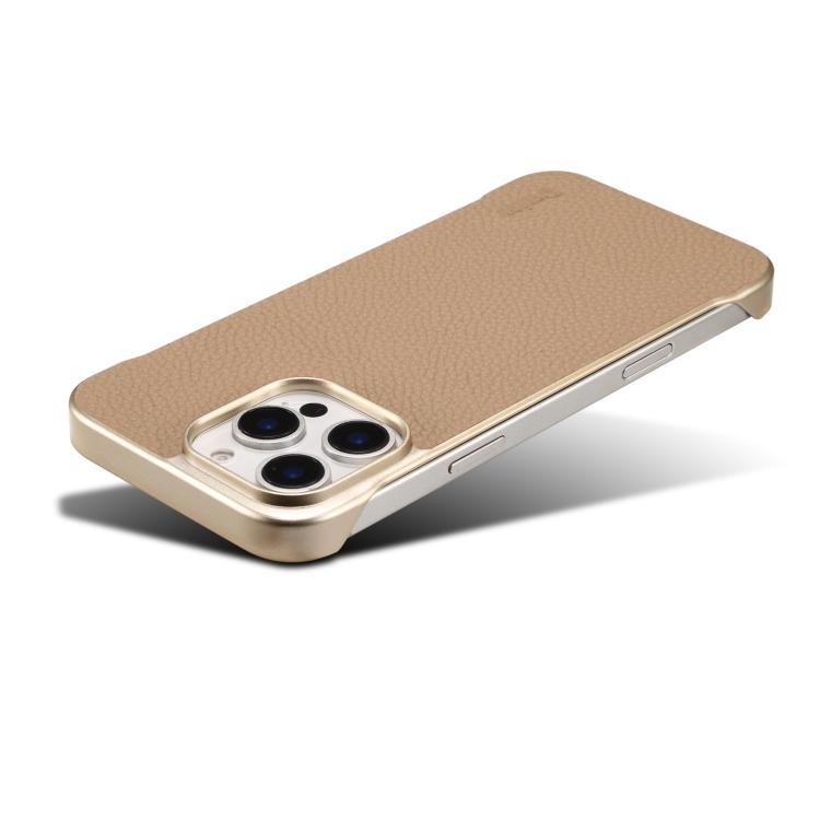 For iPhone 16 Denior A20 Genuine Leather Litchi Texture MagSafe Frameless Phone Case(Khaki)