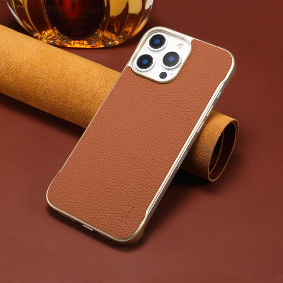 For iPhone 16 Plus Denior A20 Genuine Leather Litchi Texture MagSafe Frameless Phone Case(Brown)