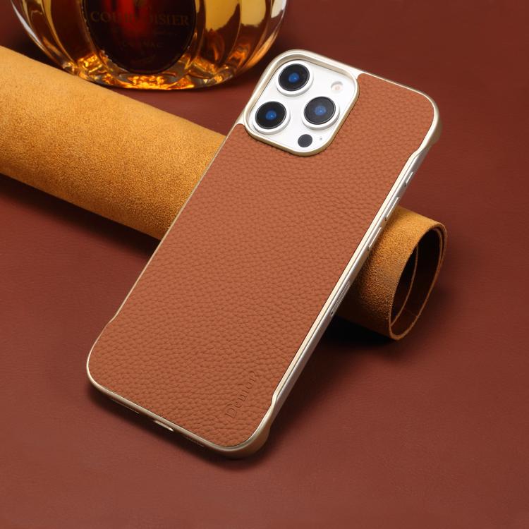 For iPhone 16 Plus Denior A20 Genuine Leather Litchi Texture MagSafe Frameless Phone Case(Brown)