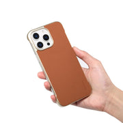 For iPhone 16 Plus Denior A20 Genuine Leather Litchi Texture MagSafe Frameless Phone Case(Brown)