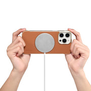 For iPhone 16 Plus Denior A20 Genuine Leather Litchi Texture MagSafe Frameless Phone Case(Brown)