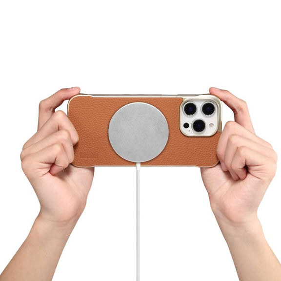 For iPhone 16 Plus Denior A20 Genuine Leather Litchi Texture MagSafe Frameless Phone Case(Brown)
