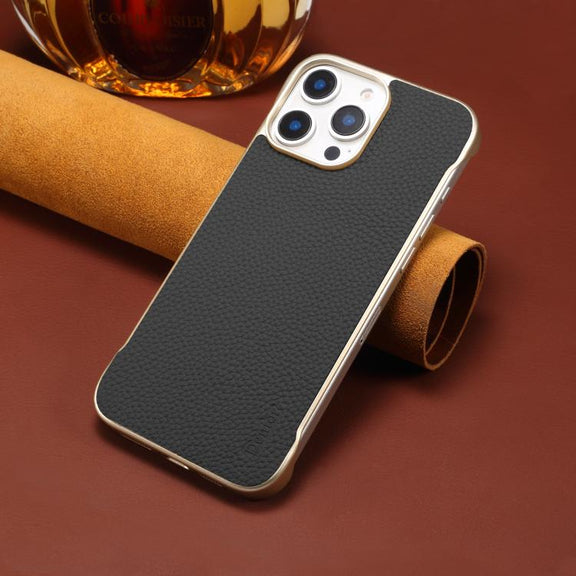 For iPhone 16 Pro Denior A20 Genuine Leather Litchi Texture MagSafe Frameless Phone Case(Black)