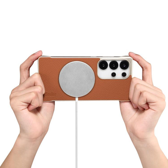 For Samsung Galaxy S25 Ultra 5G Denior A20 Genuine Leather Litchi Texture MagSafe Frameless Phone Case(Brown)