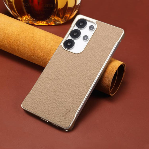 For Samsung Galaxy S25 Ultra 5G Denior A20 Genuine Leather Litchi Texture MagSafe Frameless Phone Case(Khaki)