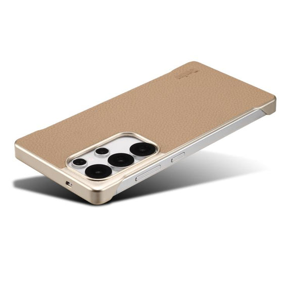 For Samsung Galaxy S25 Ultra 5G Denior A20 Genuine Leather Litchi Texture MagSafe Frameless Phone Case(Khaki)