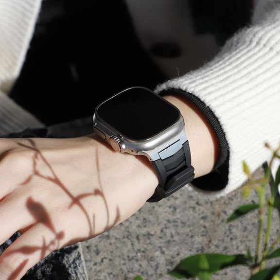 For Apple Watch Ultra / Ultra 2 49mm Stainless Steel Buckle Fluororubber Watch Band(Black Silver)