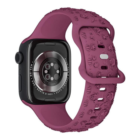 For Apple Watch 46mm / 49mm / 45mm / 44mm Embossed 3D Rose Flower Silicone Watch Band(Cherry Color)