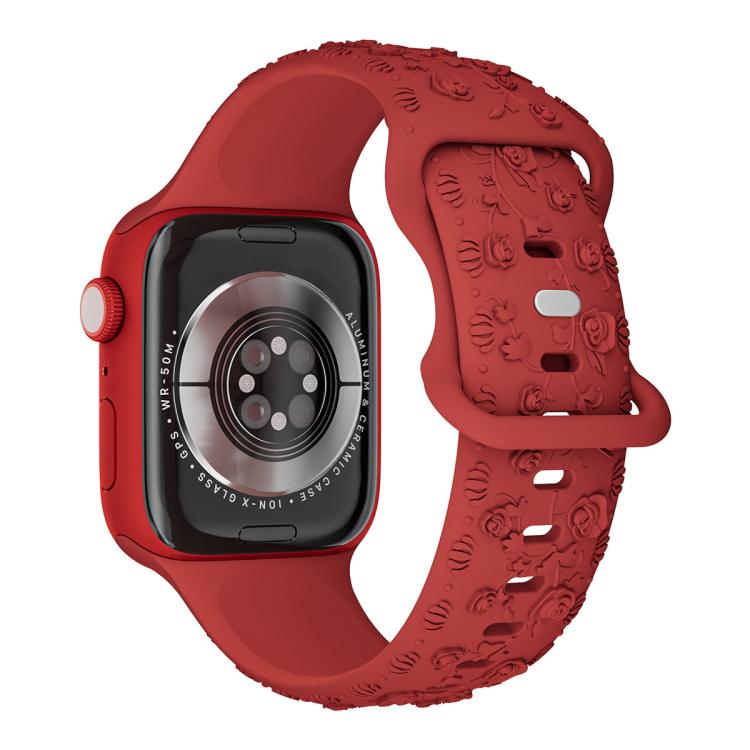For Apple Watch 46mm / 49mm / 45mm / 44mm Embossed 3D Rose Flower Silicone Watch Band(Red)