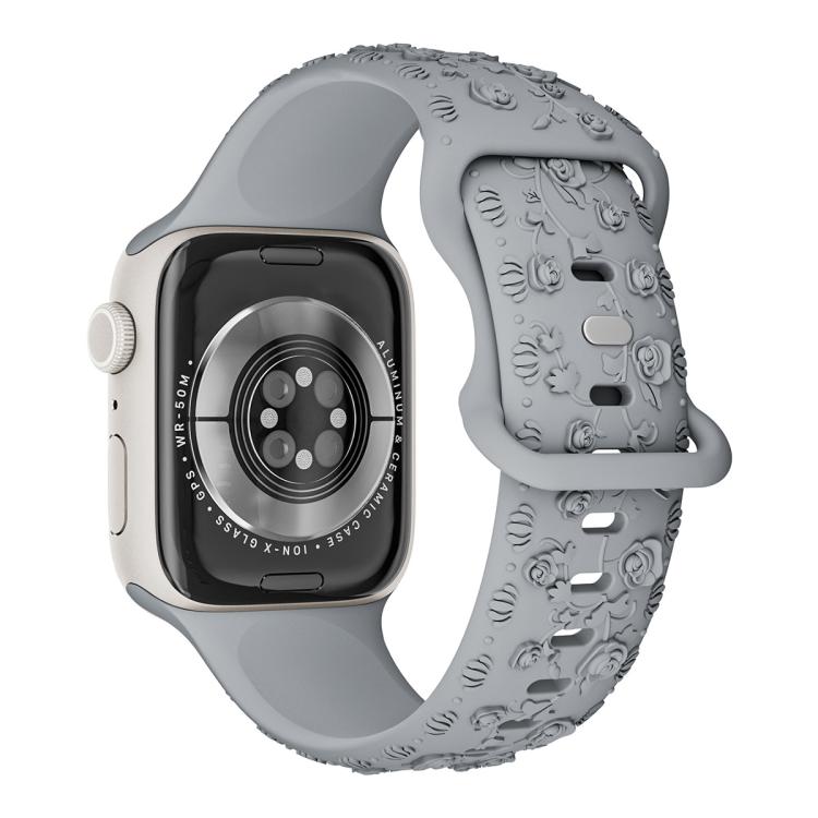 For Apple Watch 46mm / 49mm / 45mm / 44mm Embossed 3D Rose Flower Silicone Watch Band(Grey)