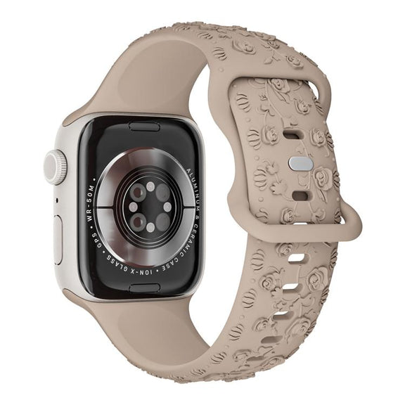 For Apple Watch 46mm / 49mm / 45mm / 44mm Embossed 3D Rose Flower Silicone Watch Band(Milk Tea)