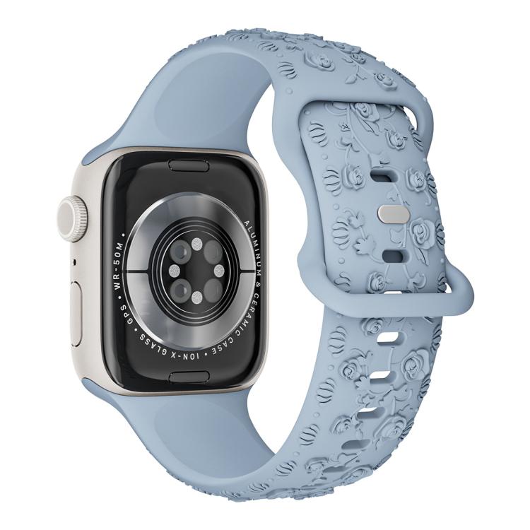 For Apple Watch 46mm / 49mm / 45mm / 44mm Embossed 3D Rose Flower Silicone Watch Band(Light Blue)