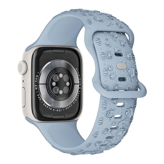 For Apple Watch 46mm / 49mm / 45mm / 44mm Embossed 3D Rose Flower Silicone Watch Band(Light Blue)