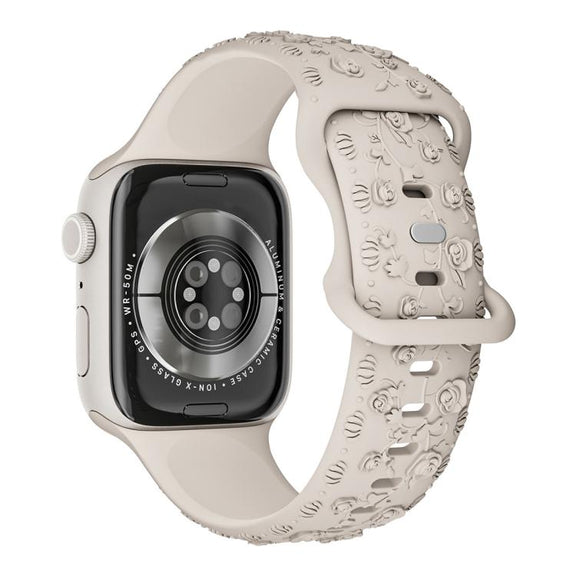 For Apple Watch 46mm / 49mm / 45mm / 44mm Embossed 3D Rose Flower Silicone Watch Band(Starlight)