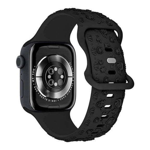 For Apple Watch 42mm / 41mm / 40mm / 38mm Embossed 3D Rose Flower Silicone Watch Band(Black)