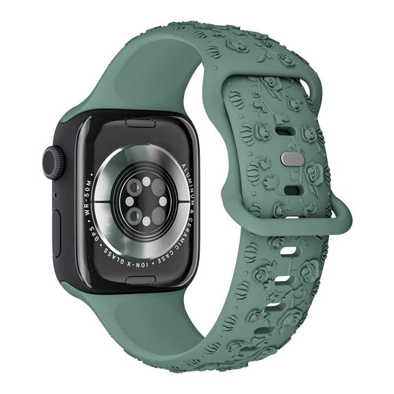 For Apple Watch 42mm / 41mm / 40mm / 38mm Embossed 3D Rose Flower Silicone Watch Band(Green)