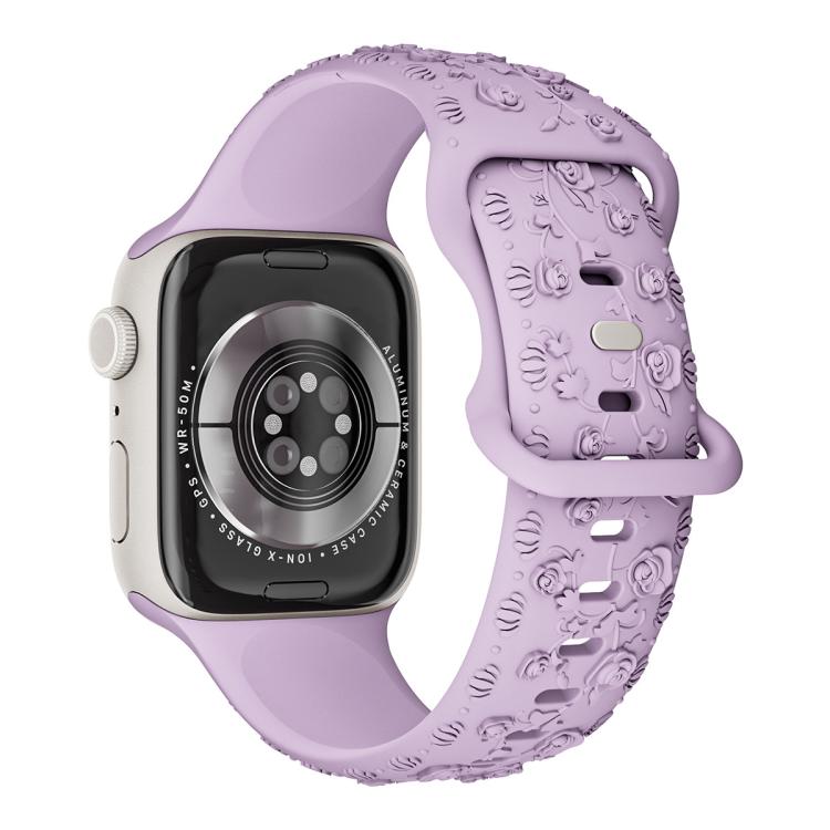 For Apple Watch 42mm / 41mm / 40mm / 38mm Embossed 3D Rose Flower Silicone Watch Band(Lilac)