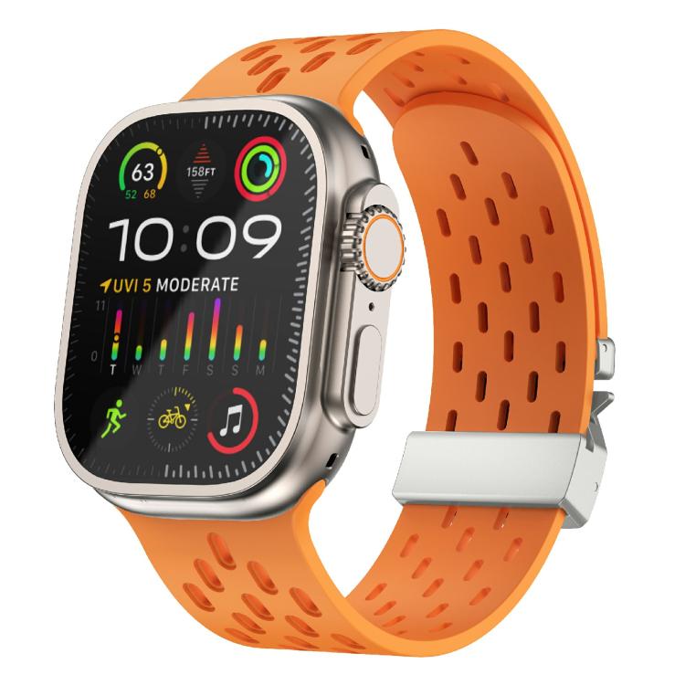For Apple Watch 46mm / 49mm / 45mm / 44mm Kalebol Mesh Silver Umbrella Buckle Silicone Strap(Orange) - free shipping - PMC TechLife - Order now!
