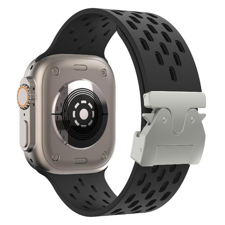 For Apple Watch 46mm / 49mm / 45mm / 44mm Kalebol Mesh Silver Umbrella Buckle Silicone Strap(Black) - free shipping - PMC TechLife - Order now!
