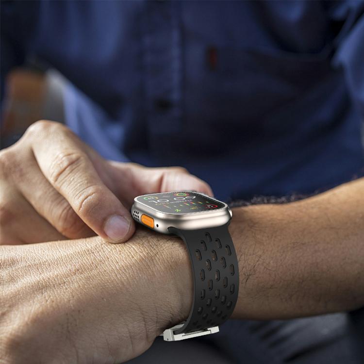 For Apple Watch 46mm / 49mm / 45mm / 44mm Kalebol Mesh Silver Umbrella Buckle Silicone Strap(Black) - free shipping - PMC TechLife - Order now!