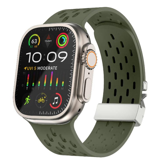 For Apple Watch 46mm / 49mm / 45mm / 44mm Kalebol Mesh Silver Umbrella Buckle Silicone Strap(Army Green)
