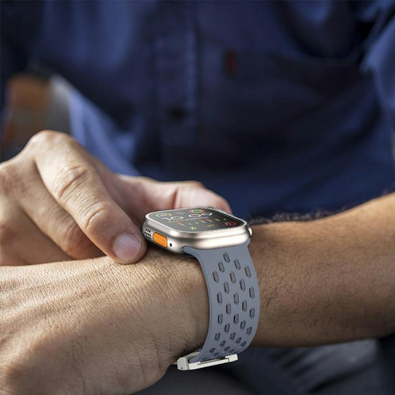 For Apple Watch 46mm / 49mm / 45mm / 44mm Kalebol Mesh Silver Umbrella Buckle Silicone Strap(Blue Grey)