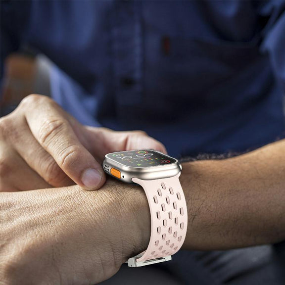 For Apple Watch 46mm / 49mm / 45mm / 44mm Kalebol Mesh Silver Umbrella Buckle Silicone Strap(Sand Pink)