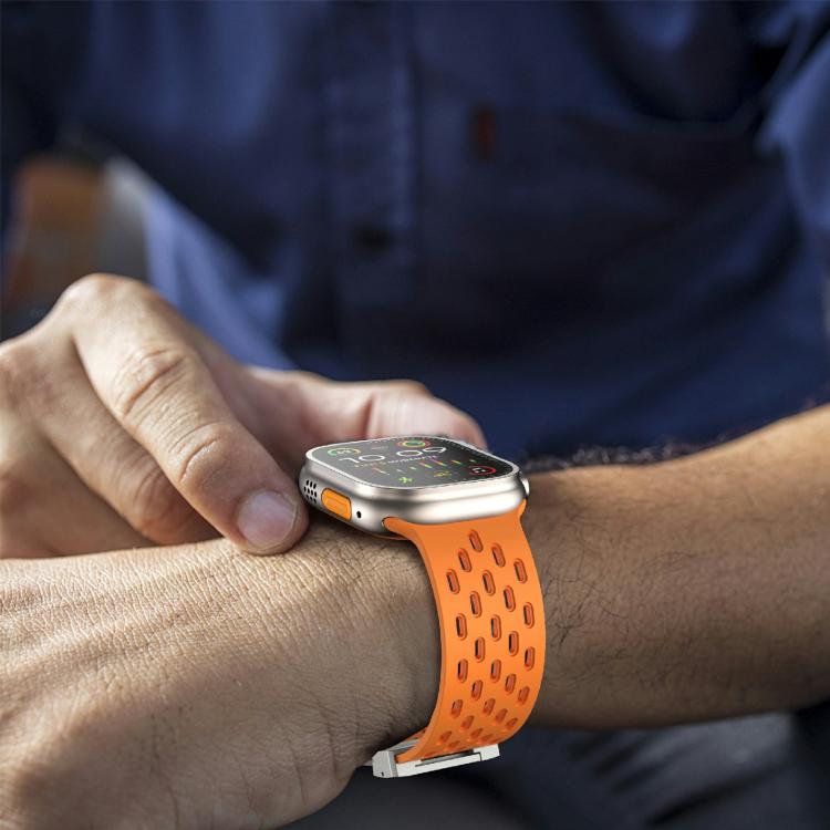 For Apple Watch 42mm / 41mm / 40mm / 38mm Kalebol Mesh Silver Umbrella Buckle Silicone Strap(Orange) - free shipping - PMC TechLife - Order now!
