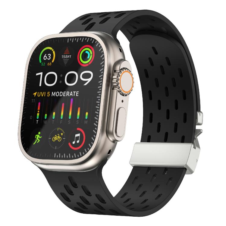 For Apple Watch 42mm / 41mm / 40mm / 38mm Kalebol Mesh Silver Umbrella Buckle Silicone Strap(Black) - free shipping - PMC TechLife - Order now!