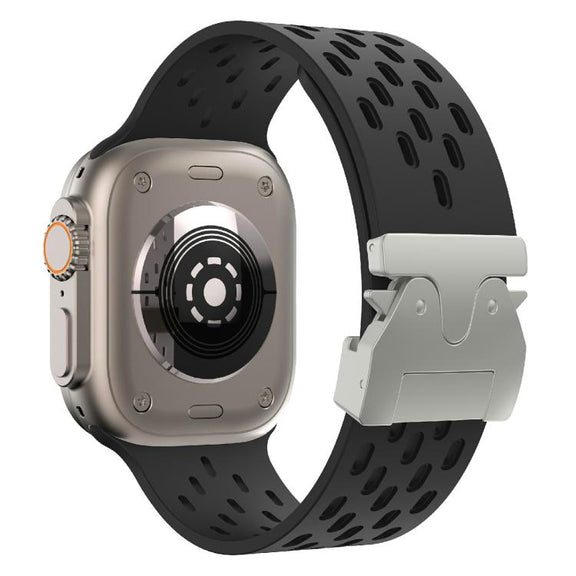 For Apple Watch 42mm / 41mm / 40mm / 38mm Kalebol Mesh Silver Umbrella Buckle Silicone Strap(Black)