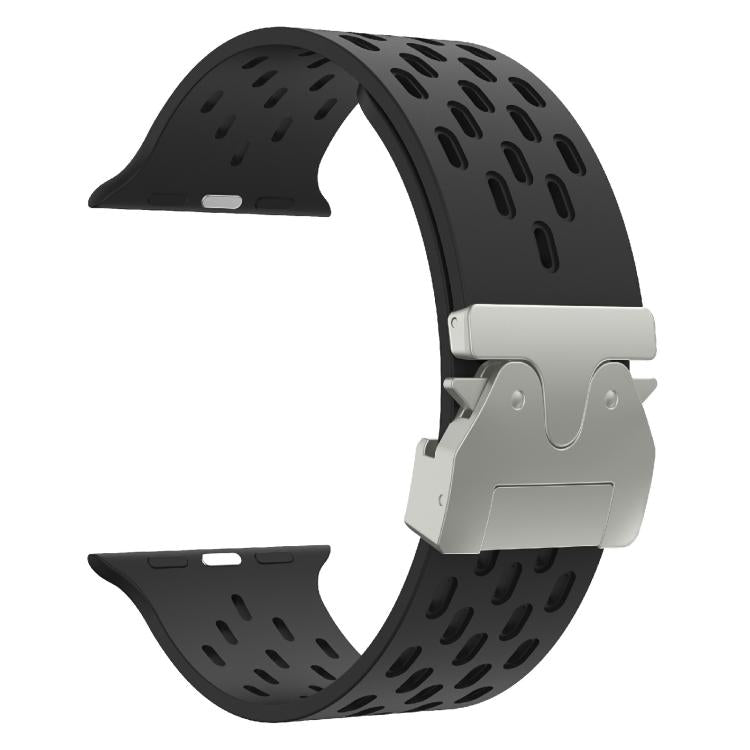 For Apple Watch 42mm / 41mm / 40mm / 38mm Kalebol Mesh Silver Umbrella Buckle Silicone Strap(Black) - free shipping - PMC TechLife - Order now!