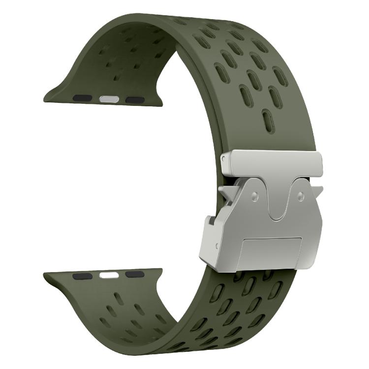 For Apple Watch 42mm / 41mm / 40mm / 38mm Kalebol Mesh Silver Umbrella Buckle Silicone Strap(Army Green) - free shipping - PMC TechLife - Order now!