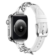 For Apple Watch 46mm / 49mm / 45mm / 44mm Metal Chain Leather Denim Watch Band(White)