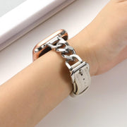 For Apple Watch 46mm / 49mm / 45mm / 44mm Metal Chain Leather Denim Watch Band(White)