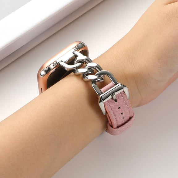 For Apple Watch 46mm / 49mm / 45mm / 44mm Metal Chain Leather Denim Watch Band(Pink)