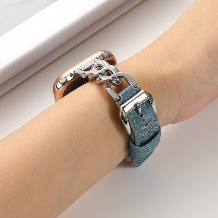 For Apple Watch 46mm / 49mm / 45mm / 44mm Metal Chain Leather Denim Watch Band(Blue)